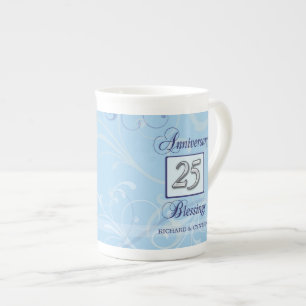 Tasse En Porcelaine 25e anniversaire en bleu et argent