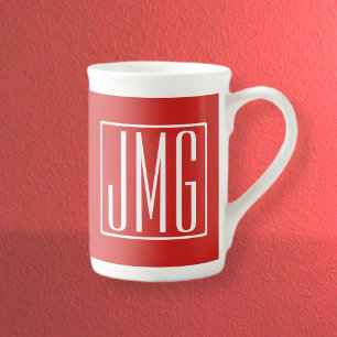 Tasse En Porcelaine 3 Initiales Monogramme   Rouge et blanc (ou couleu