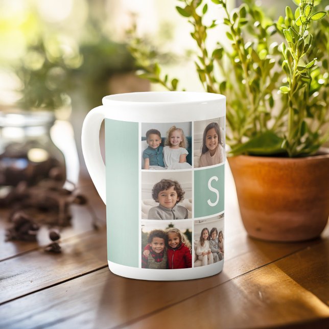 Tasse En Porcelaine 8 Photo Collage personnalisé Monogramme Menthe Ver (Personalized mug with photos and a monogram)