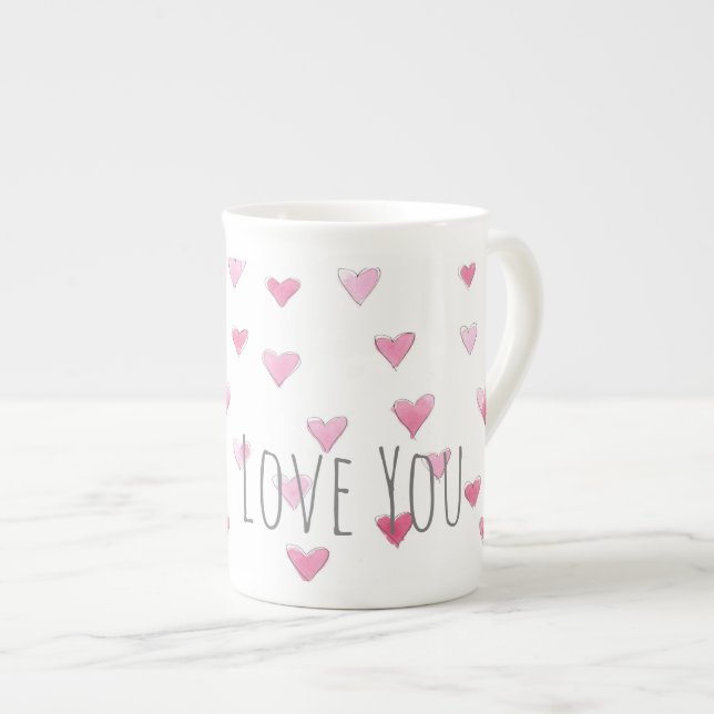 Tasse En Porcelaine AIME-TOI Aquarelle Coeurs sucrés Valentine rose (Devant droit)