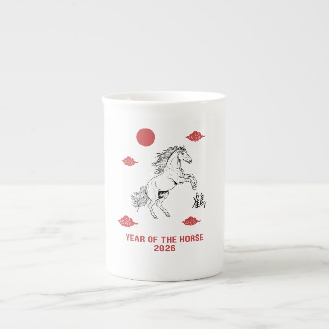 Tasse En Porcelaine Année du Cheval 2026 avec cheval de mot chinois (Devant)