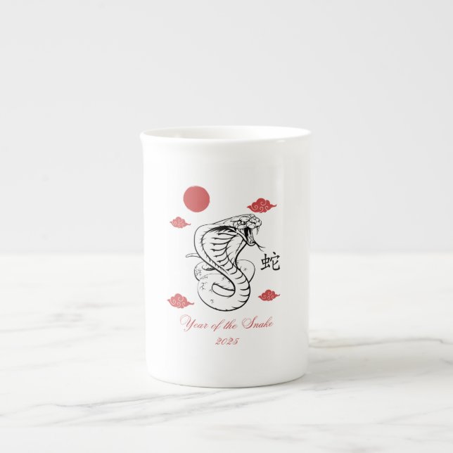 Tasse En Porcelaine Année du serpent 2025 avec le mot chinois serpent. (Devant)