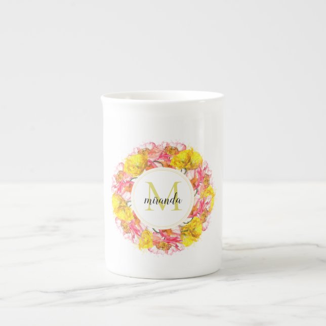 Tasse En Porcelaine Aquarelle artistique Pavot Monogramme de couronne (Devant)