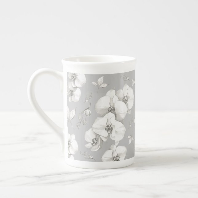 Tasse En Porcelaine Aquarelle blanc orchidée sur gris | (Gauche)