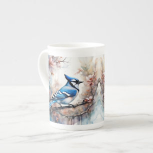 Tasse En Porcelaine Aquarelle bleu Jay Cherry Blossoms