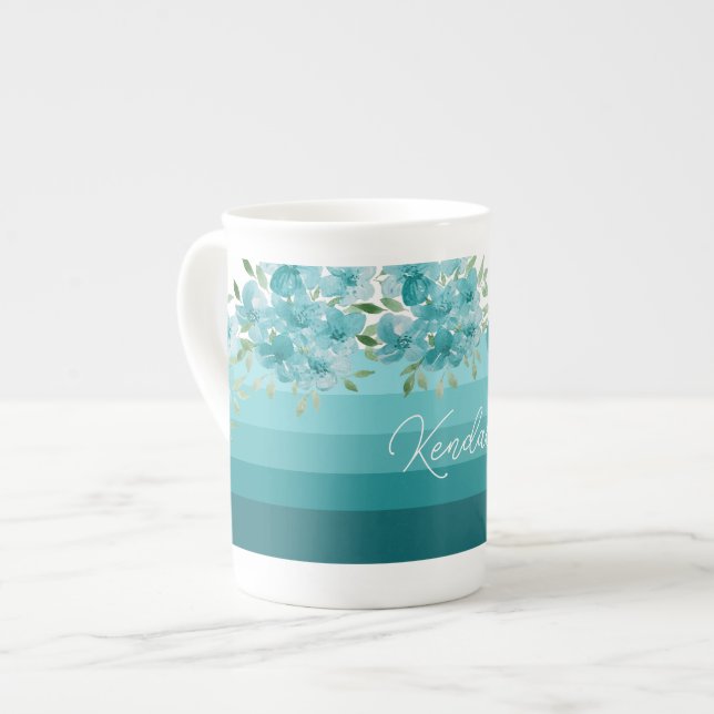 Tasse En Porcelaine Aquarelle bleu turquoise Fleur sauvage (Devant gauche)
