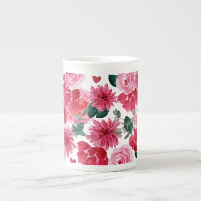 Tasse En Porcelaine Aquarelle fleurie rouge et rose (Devant)
