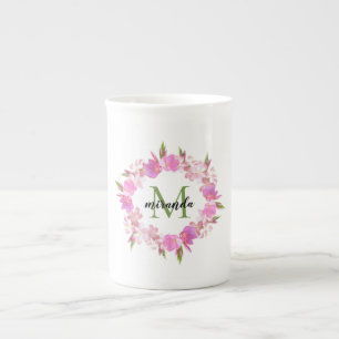 Tasse En Porcelaine Aquarelle Florale Nom de la couronne Monogramme