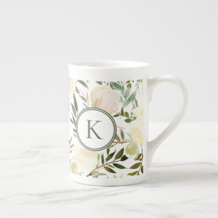 Tasse En Porcelaine Aquarelle Romantique Floral Vert et Blanc