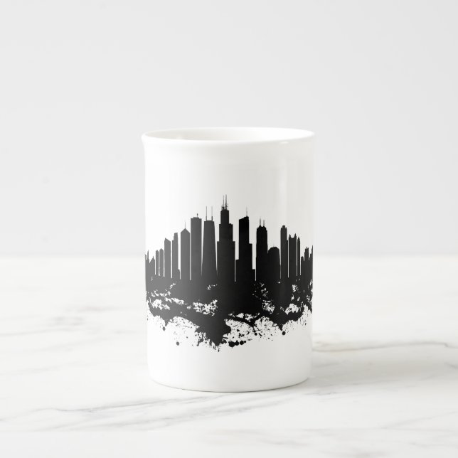 Tasse En Porcelaine Aquarelle Skyline de Chicago noir et blanc (Devant)