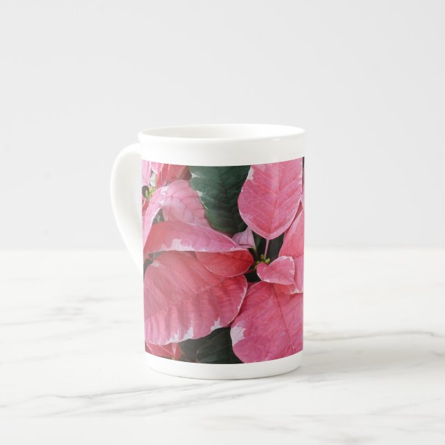 Tasse En Porcelaine Argent Star Marbre Poinsettias Pink Holiday Floral (Devant gauche)