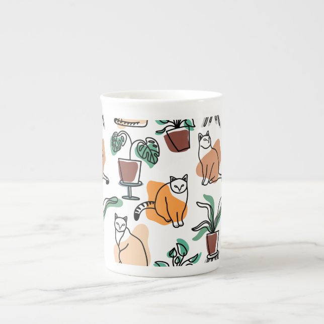 Tasse En Porcelaine Art de trait dessin chats et fleurs (Devant)