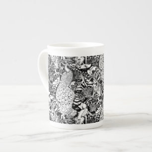 Tasse En Porcelaine Art Nouveau Peacock Print, noir et blanc