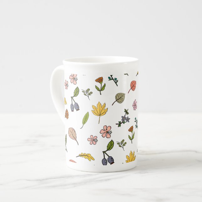 Tasse En Porcelaine automne rose rouge et jaune fleurs et feuilles (Devant gauche)