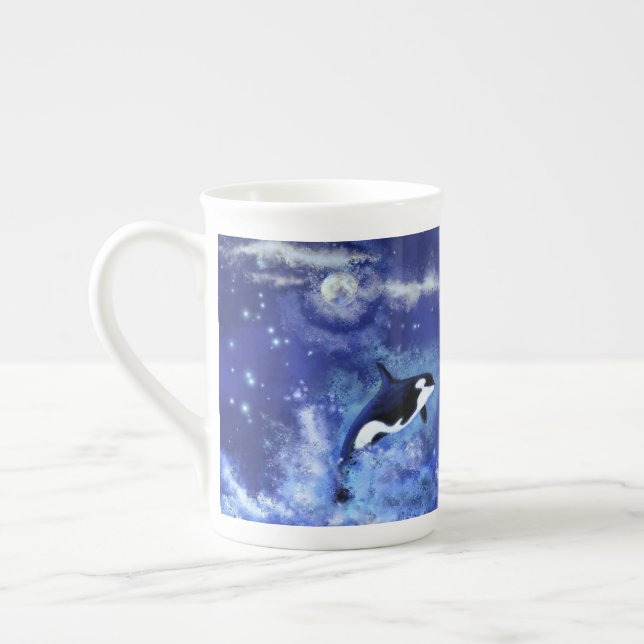 Tasse En Porcelaine Baleines tueuses en Pleine lune - Dessin d'art - B (Gauche)