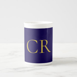 Tasse En Porcelaine Bleu & Or Monogramme Minimaliste Moderne
