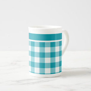 Tasse En Porcelaine Bone China Mug, Turquoise et blanc Check En vichy