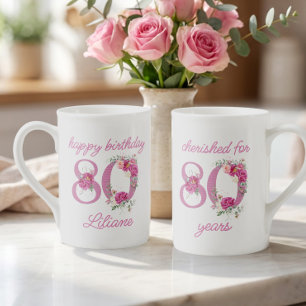 Tasse En Porcelaine Célébration de 80 ans Fleur numérique chérie penda