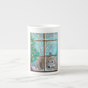 Tasse En Porcelaine Cerf de Noël à la fenêtre