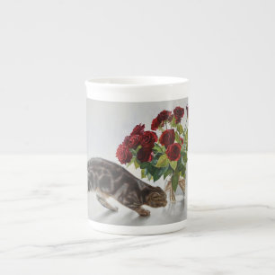 Tasse En Porcelaine Chat et roses rouges – Impression réaliste de pein