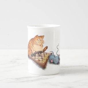 Tasse En Porcelaine Chat et souris Jouer aux échecs Dessin drôle
