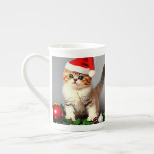 Tasse En Porcelaine Chaton de Noël Vintage à Santa Hat