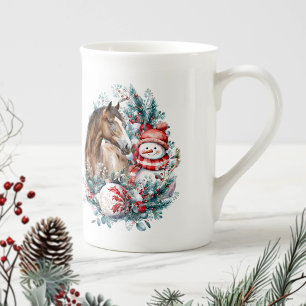 Tasse En Porcelaine Cheval bonhomme de neige aquarelle de Noël élégant
