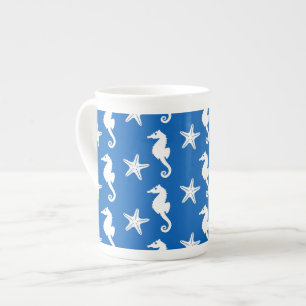 Tasse En Porcelaine Cheval de mer et poisson d'eau - blanc sur bleu co
