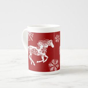 Tasse En Porcelaine Cheval de Noël des flocons rouges et blancs