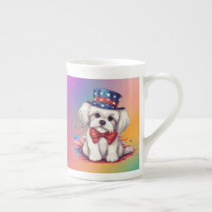 Tasse En Porcelaine Chien chiot blanc mignon patriotique du 4 juillet-