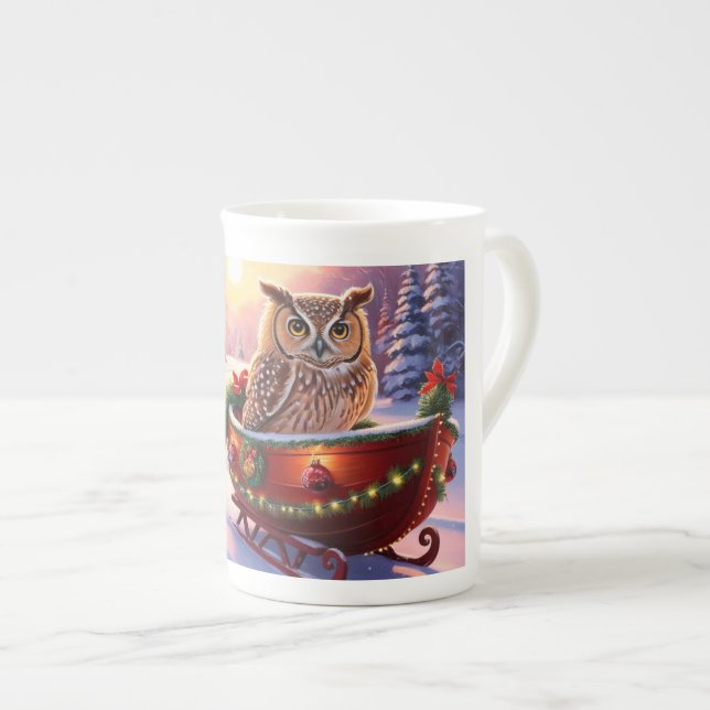 Tasse En Porcelaine Chouette en luge pendant les vacances (Devant droit)