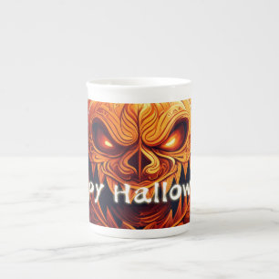 Tasse En Porcelaine Citrouille orange effrayante avec visage, Hallowee