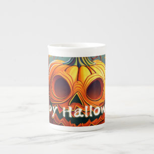 Tasse En Porcelaine Citrouille orange effrayante avec visage, Hallowee