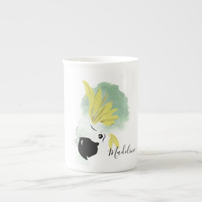 Tasse En Porcelaine Cockatoo Oiseau jaune et vert Aquarelle personnell (Devant)
