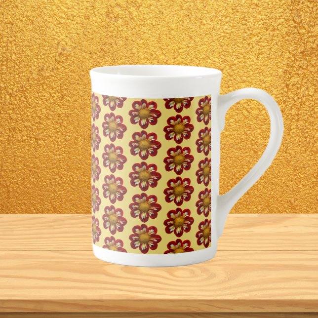 Tasse En Porcelaine Collarette rouge Dahlia motifs floraux sur jaune (In Situ)
