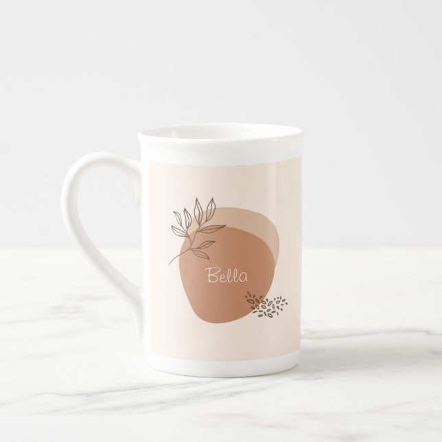 Tasse En Porcelaine Conception de feuilles Boho avec nom personnalisé (Gauche)