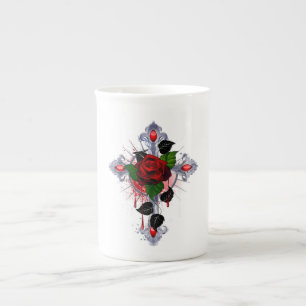 Tasse En Porcelaine Croix d'argent avec une rose rouge