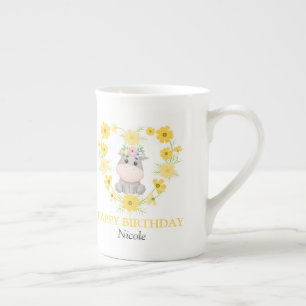 Tasse En Porcelaine Cute Hippopotamus Coeur de Fleur Jaune Anniversair