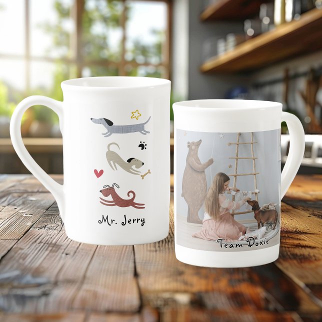 Tasse En Porcelaine Dachshund Saucisse Chien Équipe Doxie Photo (Dachshund Sausage Dog Team Doxie Photo Bone China Mug for Teckel Lovers with Custom Photo and Text)