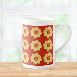 Tasse En Porcelaine Dahlia jaune motif floral sur rouge