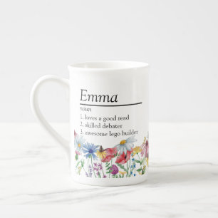 Tasse En Porcelaine Définition de nom avec bordure de fleurs sauvages