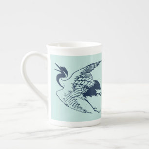 Tasse En Porcelaine Dessin japonais vintage d'une grue, bleu