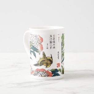 Tasse En Porcelaine Dessin japonais vintage, pivoines et moineau