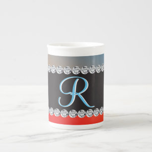 Tasse En Porcelaine Diamant noir orange bleu 3d Monogramme initial