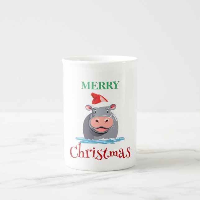 Tasse En Porcelaine Drôle animaux Safari HIPPO Père Noël Costume de No (Devant)