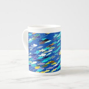 Tasse En Porcelaine École de poisson, bleu foncé, blanc et turquoise