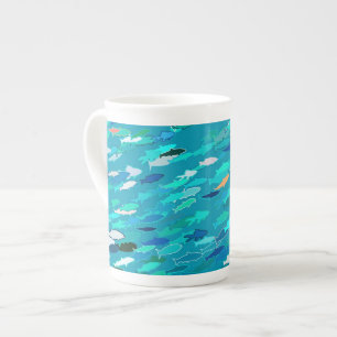 Tasse En Porcelaine École de Poissons, Turquoise, Bleu et Aqua