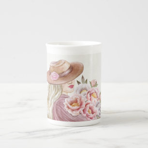 Tasse En Porcelaine Elegance Woman with Peonies Aquarelle Art Imprimer