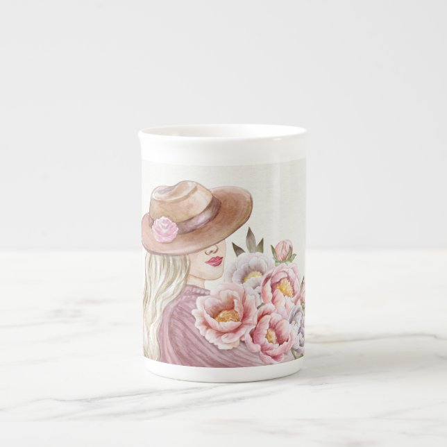 Tasse En Porcelaine Elegance Woman with Peonies Aquarelle Art Imprimer (Devant)