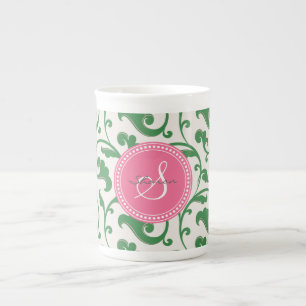 Tasse En Porcelaine Élégant modèle floral vert ceint monogramme